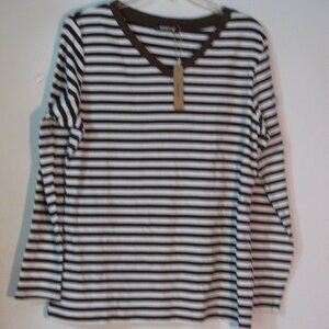 * Minetom Striped Shirt Large NWT Brown & White Stripes V Neckline New